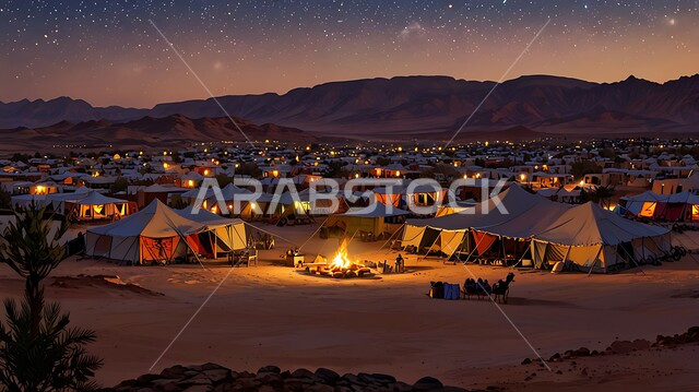 أجواء ليلية هادئة أمام شعلة من الحطب, أماكن ومناطق التخييم السياحية الصحراوية, الكثبان الرملية الذهبية الناعمة, مفهوم حياة البادية, مخيمات شعبية في صحاري المملكة العربية السعودية