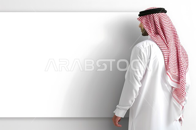 إعلانات وعروض تسويقية، موك اب مربع أبيض، استخدام لوحات توضيحية ووسائل تعليمية، بورتريه مقرب من الخلف لشاب عربي خليجي سعودي مبتسم يرتدي الزي التقليدي والشماغ ينظر إلى مكان ما،  لوحه بيضاء مربعه فارغة، خلفية بيضاء