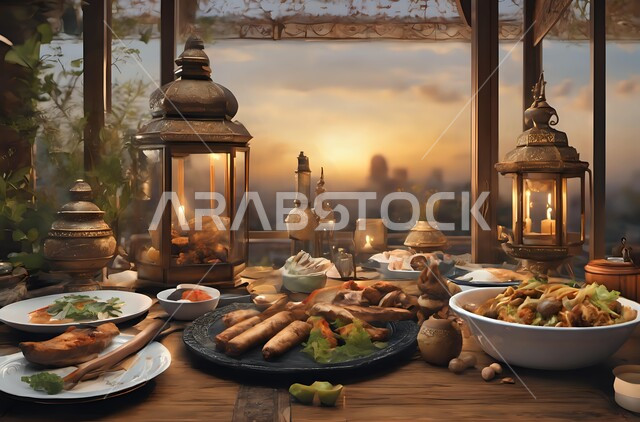  العزائم والولائم في الأعياد والمناسبات الإسلامية، المقبلات والأطباق والأصناف العربية الشرقية اللذيذة، مائدة طعام مليئة بالوجبات المتنوعة الرمضانية، سفرة من المأكولات الشعبية التقليدية الشهية، أجواء شهر رمضان المبارك