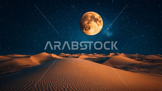الهضاب والتلال من الرمال الذهبية الناعمة في الصحراء, اكتمال القمر في السماء فوق الصحاري السعودية, الكثبان الرملية في المناطق الطبيعية الصحراوية في الليل، المساحات والأراضي الواسعة في المملكة العربية