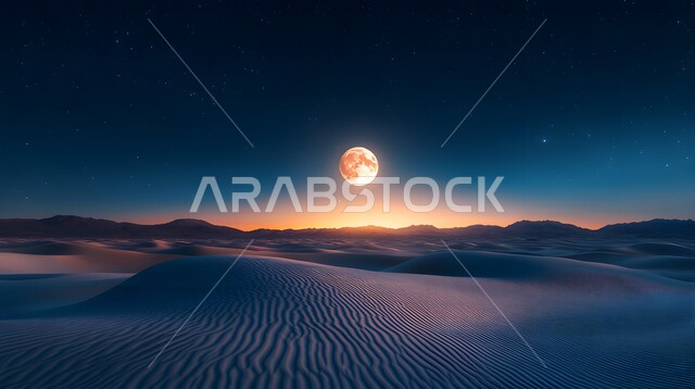 منظر اكتمال القمر في السماء فوق الصحاري السعودية, الكثبان الرملية في المناطق الطبيعية الصحراوية في الليل، المساحات والأراضي الواسعة في المملكة العربية، الهضاب والتلال من الرمال الذهبية الناعمة في الصحراء
