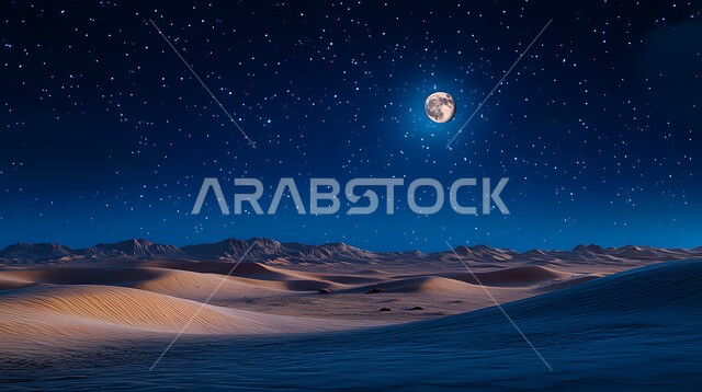 Full moon view in the sky over the Saudi deserts, sand dunes in the desert landscape at night, vast expanses and lands in the Kingdom of Saudi Arabia, plateaus and hills of soft golden sand in the desert