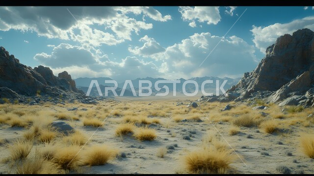 التكوينات والتشكيلات الصخرية في مناطق البراري الوعرة, منظر السماء المليئة بالغيوم القطنية البيضاء,  الطبيعة الجبلية والتضاريس في المملكة العربية السعودية، أماكن لجذب واستقطاب السائحين, الهضاب والتلال الحجرية في الصحراء في النهار