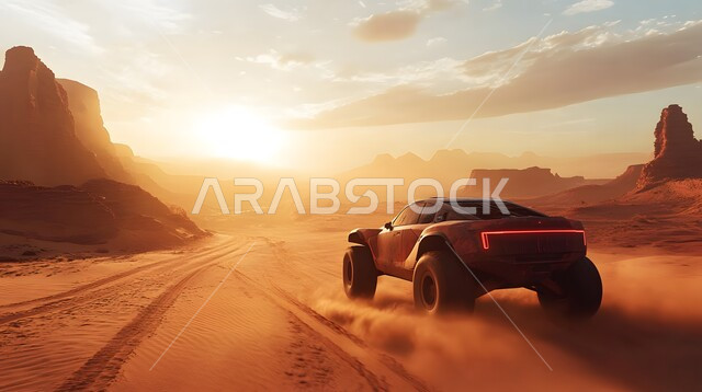 التضاريس في القمم والمرتفعات الجبلية, الطرق الصخرية الوعرة في المملكة العربية السعودية, صورة من الخلف لسيارة  الدفع الرباعي تنطلق بسرعة على الرمال الذهبية الناعمة, الاستمتاع بالأنشطة الشبابية, مغامرات ورحلات ترفيهية في الصحراء