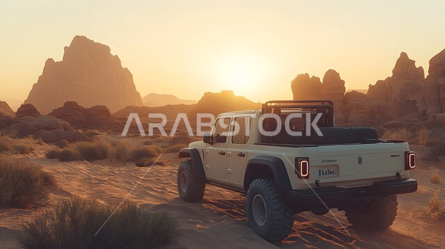 التضاريس في القمم والمرتفعات الجبلية, الطرق الصخرية الوعرة في المملكة العربية السعودية, صورة من الخلف لسيارة  الدفع الرباعي تنطلق بسرعة على الرمال الذهبية الناعمة, الاستمتاع بالأنشطة الشبابية, مغامرات ورحلات ترفيهية في الصحراء