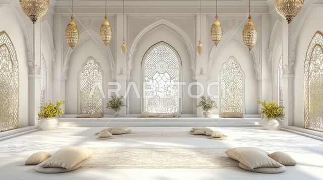 الاستمتاع بالجلسات الهادئة ،صورة بانورامية لأحد غرف المعيشة في احدى القصور الفاخرة على الطراز العربي الإسلامي في المملكة العربية السعودية ،ديكورات داخلية فخمة ،الفوانيس المعدنية المعلقة المضاءة ،الاهتمام في نباتات الزينة الخضراء ،آثاث منزلي أبيض