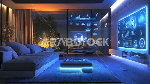 التحول الرقمي في الفنون المعمارية، دمج الذكاء الاصطناعي مع الديكورات المنزلية الداخلية، استخدام الاجهزة المتطورة في البيوت المعاصرة، منزل بأثاث انيق وتقنيات متقدمة، مفهوم التطور ومواكبة الالكترونيات, تصاميم عصرية للمنازل الذكية