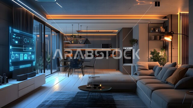 التحول الرقمي في الفنون المعمارية، دمج الذكاء الاصطناعي مع الديكورات المنزلية الداخلية، استخدام الاجهزة المتطورة في البيوت المعاصرة، منزل بأثاث انيق وتقنيات متقدمة، مفهوم التطور ومواكبة الالكترونيات, تصاميم عصرية للمنازل الذكية