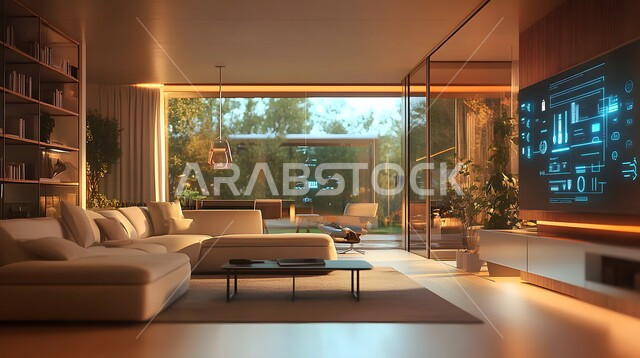 التحول الرقمي في الفنون المعمارية، دمج الذكاء الاصطناعي مع الديكورات المنزلية الداخلية، استخدام الاجهزة المتطورة في البيوت المعاصرة، منزل بأثاث انيق وتقنيات متقدمة، مفهوم التطور ومواكبة الالكترونيات, تصاميم عصرية للمنازل الذكية