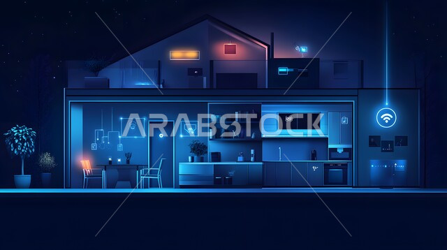 التحول الرقمي في الفنون المعمارية، دمج الذكاء الاصطناعي مع الديكورات المنزلية الداخلية، استخدام الاجهزة المتطورة في البيوت المعاصرة، منزل بأثاث انيق وتقنيات متقدمة، مفهوم التطور ومواكبة الالكترونيات, تصاميم عصرية للمنازل الذكية