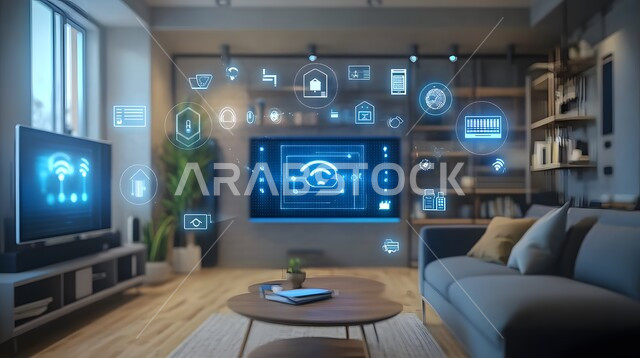 التحول الرقمي في الفنون المعمارية، دمج الذكاء الاصطناعي مع الديكورات المنزلية الداخلية، استخدام الاجهزة المتطورة في البيوت المعاصرة، منزل بأثاث انيق وتقنيات متقدمة، مفهوم التطور ومواكبة الالكترونيات, تصاميم عصرية للمنازل الذكية