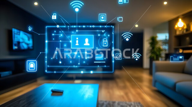 التحول الرقمي في الفنون المعمارية، دمج الذكاء الاصطناعي مع الديكورات المنزلية الداخلية، استخدام الاجهزة المتطورة في البيوت المعاصرة، منزل بأثاث انيق وتقنيات متقدمة، مفهوم التطور ومواكبة الالكترونيات, تصاميم عصرية للمنازل الذكية