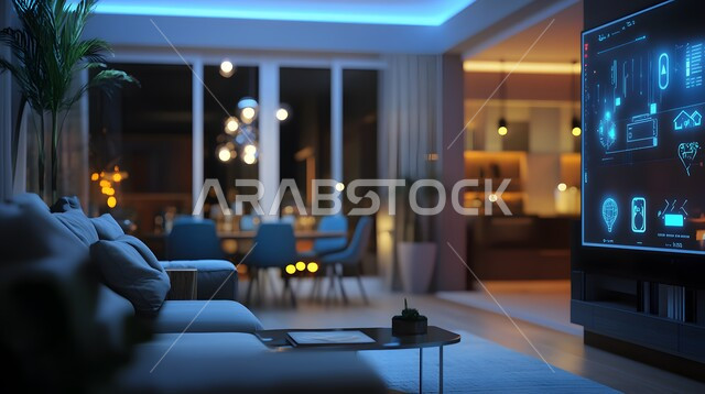 دمج الذكاء الاصطناعي مع الديكورات المنزلية الداخلية، استخدام الاجهزة المتطورة في البيوت المعاصرة، منزل بأثاث ابيض انيق وتقنيات متقدمة، مفهوم التطور ومواكبة الالكترونيات, تصاميم عصرية للمنازل الذكية, التحول الرقمي في الفنون المعمارية