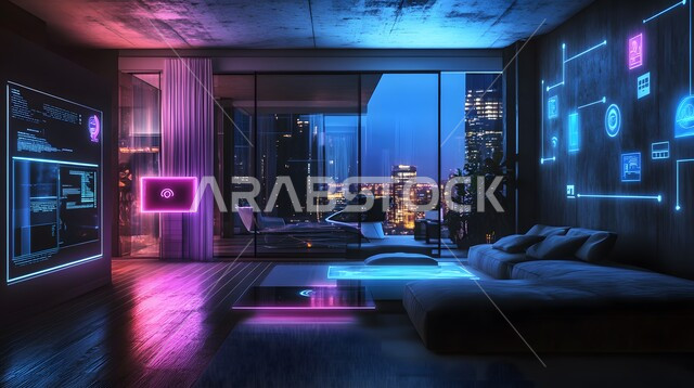 Integrating artificial intelligence with interior home decorations, using advanced devices in contemporary homes, a home with elegant white furniture and advanced technologies, the concept of development and keeping up with electronics, modern designs for smart homes, digital transformation in architectural arts