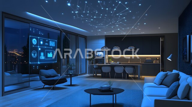 Integrating artificial intelligence with interior home decorations, using advanced devices in contemporary homes, a home with elegant white furniture and advanced technologies, the concept of development and keeping up with electronics, modern designs for smart homes, digital transformation in architectural arts