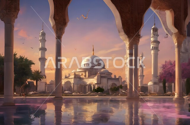 اًالمآذن والقبب المزخرفة، ديكورات وتصاميم اسلامية ثري دي، رسم توضيحي للمسجد الكبير المهيب، الفن الهندسي المعماري، تصميم لجامع إسلامي على الطراز العريق، منظر السماء المليئة بالغيوم