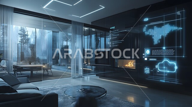 تصاميم عصرية للمنازل الذكية، التحول الرقمي في الفنون المعمارية، دمج الذكاء الاصطناعي مع الديكورات المنزلية الداخلية، استخدام الاجهزة المتطورة في البيوت المعاصرة، منزل بأثاث انيق وتقنيات متقدمة، مفهوم التطور ومواكبة الالكترونيات