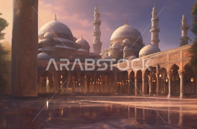 المآذن والقبب المزخرفة، ديكورات وتصاميم اسلامية ثري دي، رسم توضيحي للمسجد الكبير المهيب، الفن الهندسي المعماري، تصميم لجامع إسلامي على الطراز العريق، منظر السماء المليئة بالغيوم