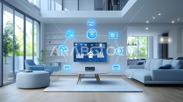 الديكورات المنزلية الداخلية، استخدام الاجهزة المتطورة في البيوت المعاصرة، منزل بأثاث انيق وتقنيات متقدمة، مفهوم التطور ومواكبة الالكترونيات, تصاميم عصرية للمنازل الذكية, التحول الرقمي في الفنون المعمارية