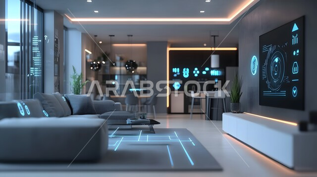 الديكورات المنزلية الداخلية، استخدام الاجهزة المتطورة في البيوت المعاصرة، منزل بأثاث انيق وتقنيات متقدمة، مفهوم التطور ومواكبة الالكترونيات, تصاميم عصرية للمنازل الذكية, التحول الرقمي في الفنون المعمارية