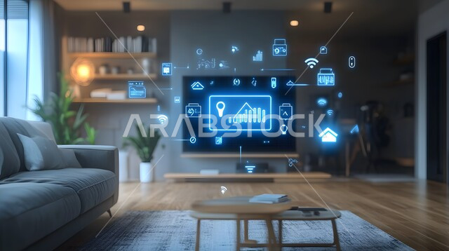 Home interior decoration, use of advanced devices in contemporary homes, a home with elegant furniture and advanced technologies, the concept of development and keeping up with electronics, modern designs for smart homes, digital transformation in architectural arts