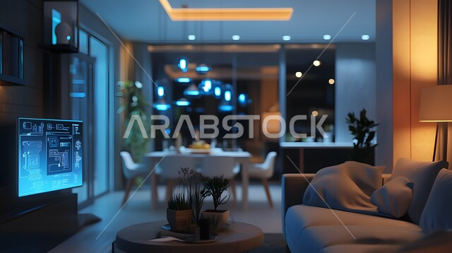 الديكورات المنزلية الداخلية، استخدام الاجهزة المتطورة في البيوت المعاصرة، منزل بأثاث انيق وتقنيات متقدمة، مفهوم التطور ومواكبة الالكترونيات, تصاميم عصرية للمنازل الذكية, التحول الرقمي في الفنون المعمارية