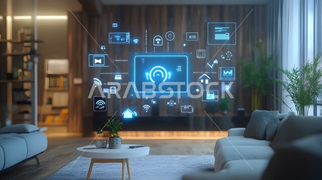 الديكورات المنزلية الداخلية، استخدام الاجهزة المتطورة في البيوت المعاصرة، منزل بأثاث انيق وتقنيات متقدمة، مفهوم التطور ومواكبة الالكترونيات, تصاميم عصرية للمنازل الذكية, التحول الرقمي في الفنون المعمارية