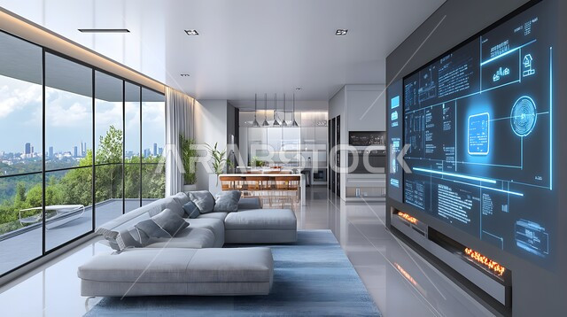 الديكورات المنزلية الداخلية، استخدام الاجهزة المتطورة في البيوت المعاصرة، منزل بأثاث انيق وتقنيات متقدمة، مفهوم التطور ومواكبة الالكترونيات, تصاميم عصرية للمنازل الذكية, التحول الرقمي في الفنون المعمارية