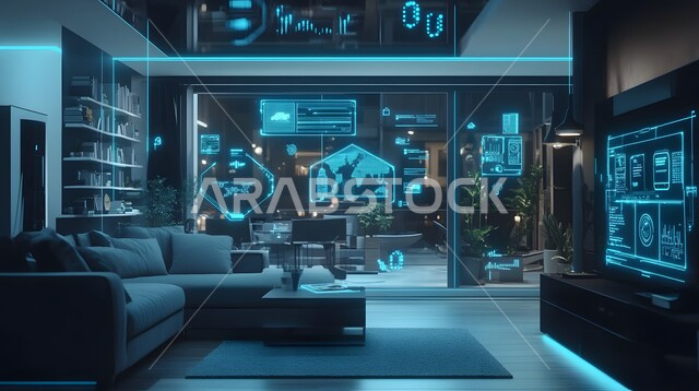 الديكورات المنزلية الداخلية، استخدام الاجهزة المتطورة في البيوت المعاصرة، منزل بأثاث انيق وتقنيات متقدمة، مفهوم التطور ومواكبة الالكترونيات, تصاميم عصرية للمنازل الذكية, التحول الرقمي في الفنون المعمارية