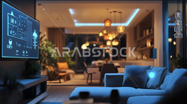 الديكورات المنزلية الداخلية، استخدام الاجهزة المتطورة في البيوت المعاصرة، منزل بأثاث انيق وتقنيات متقدمة، مفهوم التطور ومواكبة الالكترونيات, تصاميم عصرية للمنازل الذكية, التحول الرقمي في الفنون المعمارية