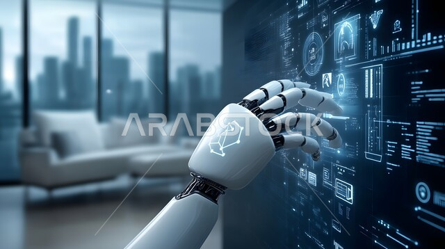 Science, Innovation and Artificial Intelligence Technology, Future Vision for Saudi Development, Close-up of a Modern and Advanced Robotic Hand with High Technology Pointing at Something, Achieving the Industrial Revolution