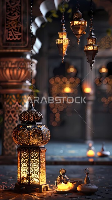 استقبال رمضان المبارك, ديكورات وأنوار وزينة المناسبات الدينية الإسلامية ,الأجواء الرمضانية الروحانية, فوانيس عربية معدنية مزخرفة, تحف تقليدية للاحتفال بقدوم شهر الخير
