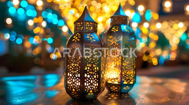 Welcoming the blessed month of Ramadan, decorations, lights and ornaments for Islamic religious occasions, the spiritual atmosphere of Ramadan, decorated metal Arabic lanterns, traditional artifacts to celebrate the arrival of the month of goodness