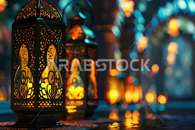 استقبال رمضان المبارك, ديكورات وأنوار وزينة المناسبات الدينية الإسلامية ,الأجواء الرمضانية الروحانية, فوانيس عربية معدنية مزخرفة, تحف تقليدية للاحتفال بقدوم شهر الخير