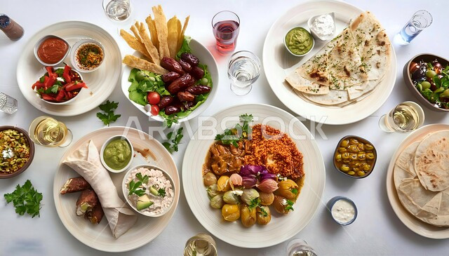 حلول موعد الإفطار عند اذان المغرب، سفرة مليئة بأصناف المأكولات والمقبلات الشهية، الوجبات والأطباق الرئيسية على مائدة الطعام، مطاعم ومطابخ المملكة العربية السعودية، أنواع الأطعمة الشرقية العربية في موائد رمضان المبارك