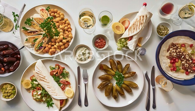 حلول موعد الإفطار عند اذان المغرب، سفرة مليئة بأصناف المأكولات والمقبلات الشهية، الوجبات والأطباق الرئيسية على مائدة الطعام، مطاعم ومطابخ المملكة العربية السعودية، أنواع الأطعمة الشرقية العربية في موائد رمضان المبارك