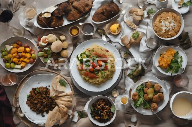 حلول موعد الإفطار عند اذان المغرب، سفرة مليئة بأصناف المأكولات والمقبلات الشهية، الوجبات والأطباق الرئيسية على مائدة الطعام، مطاعم ومطابخ المملكة العربية السعودية، أنواع الأطعمة الشرقية العربية في موائد رمضان المبارك