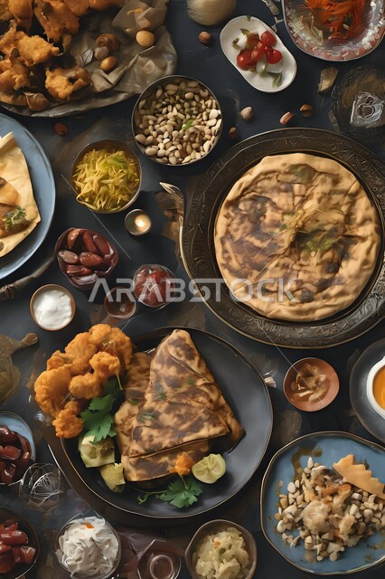 حلول موعد الإفطار عند اذان المغرب، سفرة مليئة بأصناف المأكولات والمقبلات الشهية، الوجبات والأطباق الرئيسية على مائدة الطعام، مطاعم ومطابخ المملكة العربية السعودية، أنواع الأطعمة الشرقية العربية في موائد رمضان المبارك