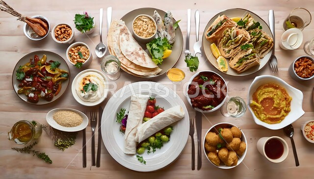 المأكولات الشرقية السعودية التقليدية، تحضير وتجهيز مائدة الإفطار في شهر رمضان المبارك، صورة مقربة لسفرة رمضانية مليئة بأصناف الطعام والمقبلات الشهية والمشروبات الباردة،