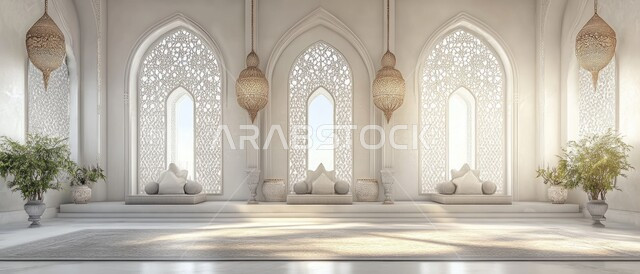 Enjoying quiet sessions, a panoramic image of a living room in a luxurious palace in the Arab-Islamic style in white, hanging illuminated metal lanterns, interest in green ornamental plants, elegant interior decoration for residential apartments in the Kingdom of Saudi Arabia