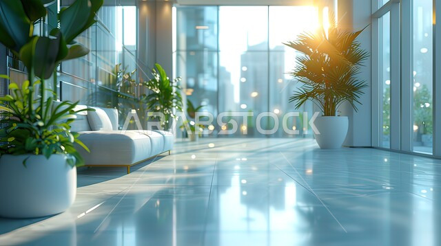 Modern office equipment with elegant and comfortable furniture, modern designs for offices of companies in the Kingdom of Saudi Arabia, huge glass facades in the office, interior designs and elegant decorations in a modern style