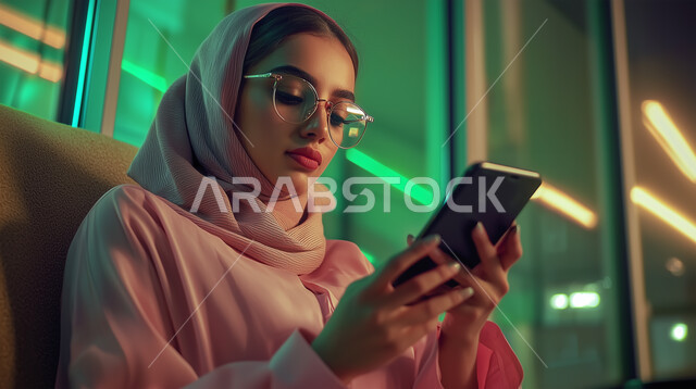 إيماءات السعادة والسرور، استخدام الاجهزة التقنية الحديثة، صورة مقربة لامرأة عربية خليجية سعودية محجبة تحمل بيدها الهاتف المحمول تقوم بتصفح وسائل التواصل الاجتماعي، الدردشة مع الأهل والأصدقاء