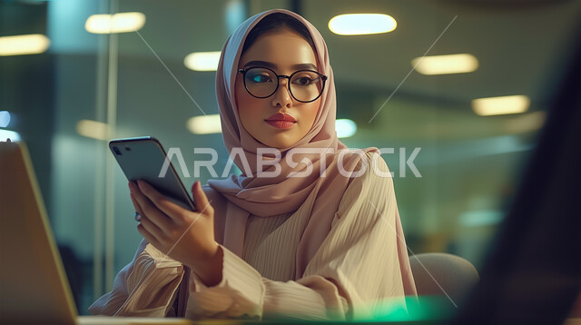 إيماءات السعادة والسرور، استخدام الاجهزة التقنية الحديثة، صورة مقربة لامرأة عربية خليجية سعودية محجبة تحمل بيدها الهاتف المحمول تقوم بتصفح وسائل التواصل الاجتماعي، الدردشة مع الأهل والأصدقاء