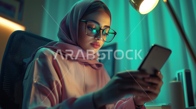 إيماءات السعادة والسرور، استخدام الاجهزة التقنية الحديثة، صورة مقربة لامرأة عربية خليجية سعودية محجبة تحمل بيدها الهاتف المحمول تقوم بتصفح وسائل التواصل الاجتماعي، الدردشة مع الأهل والأصدقاء