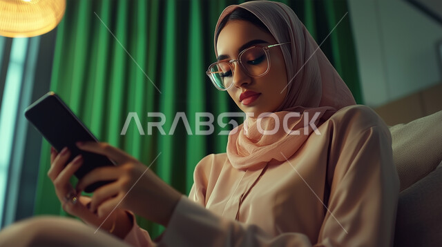 إيماءات السعادة والسرور، استخدام الاجهزة التقنية الحديثة، صورة مقربة لامرأة عربية خليجية سعودية محجبة تحمل بيدها الهاتف المحمول تقوم بتصفح وسائل التواصل الاجتماعي، الدردشة مع الأهل والأصدقاء