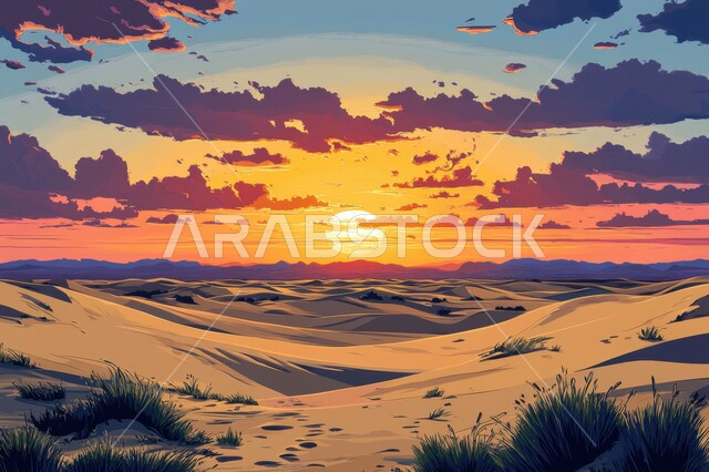 المرتفعات و التضاريس  والقمم الجبلية في البراري، خلفية السماء في وقت غروب الشمس,  مناطق البادية والبيئة الطبيعية الصحراوية, الهضاب و التلال من الرمال الناعمة الذهبية , نمو النباتات الشوكية في المحميات الطبيعية