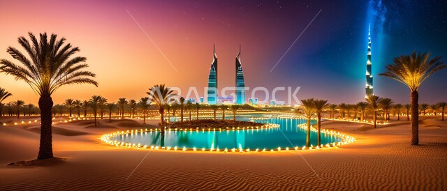 واحات ومزارع أشجار النخيل في الطبيعة الصحراوية حول البحيرات المائية, المحميات الطبيعية في الامارات العربية المتحدة, الهضاب والتلال والكثبان الرملية الناعمة في الصحراء, الفن الهندسي المعماري للأبراج وناطحات السحاب في امارة دبي