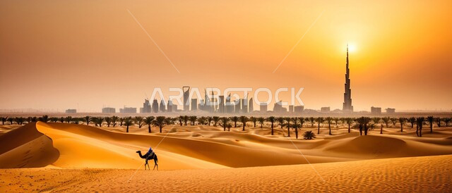 خلفية السماء في وقت غروب الشمس ، الهضاب و التلال من الرمال الناعمة الذهبية، المرتفعات و التضاريس والقمم الجبلية في البراري، تربية الإبل في المحميات الطبيعية بالمناطق الصحراوية، الابراج وناطحات السحاب في اماره دبي