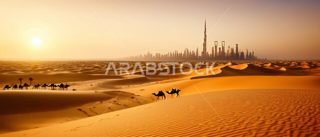 قافلة من الإبل تسير فوق الكثبان الرملية في الصحراء، تربية الجمال والنوق العربية في المحميات الطبيعية، الرمال الذهبية الناعمة في صحاري الامارات العربية المتحدة، الفن الهندسي المعماري للأبراج وناطحات السحاب وقت غروب الشمس في امارة دبي  