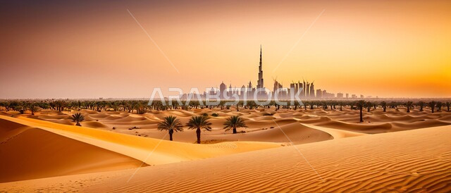 الفن الهندسي المعماري للابراج  وناطحات السحاب في اماره دبي ، مناطق البادية والبيئة  الصحراوية, الهضاب و التلال من الرمال الناعمة الذهبية، المرتفعات و التضاريس والقمم الجبلية في البراري، منظر السماء في وقت غروب الشمس  , التوسع والتقدم العمراني في دولة الامارات العربية المتحدة , خلفيه الطبيعة